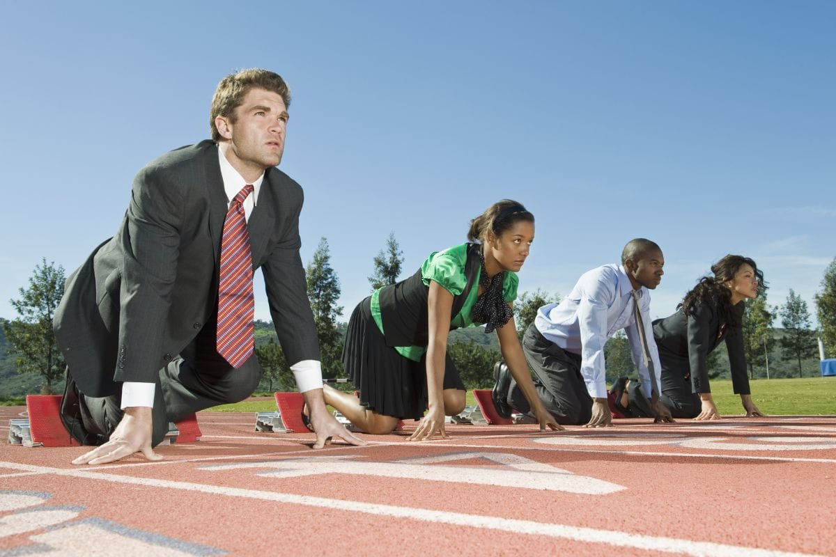 Employees at starting line